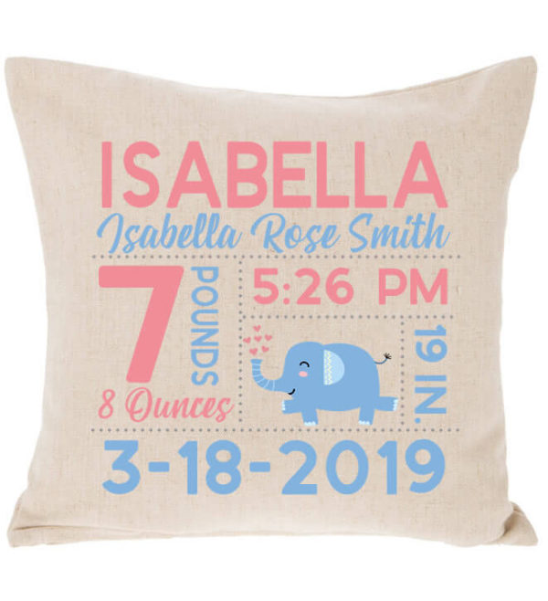 Birth Announcement Pillow - Elephant with Hearts