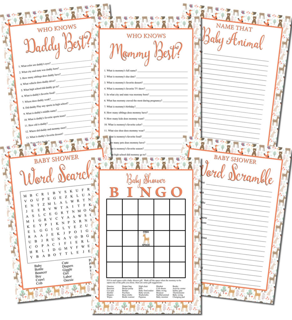 Printable Woodlands Baby Shower Games Set 6 Personalized Babies